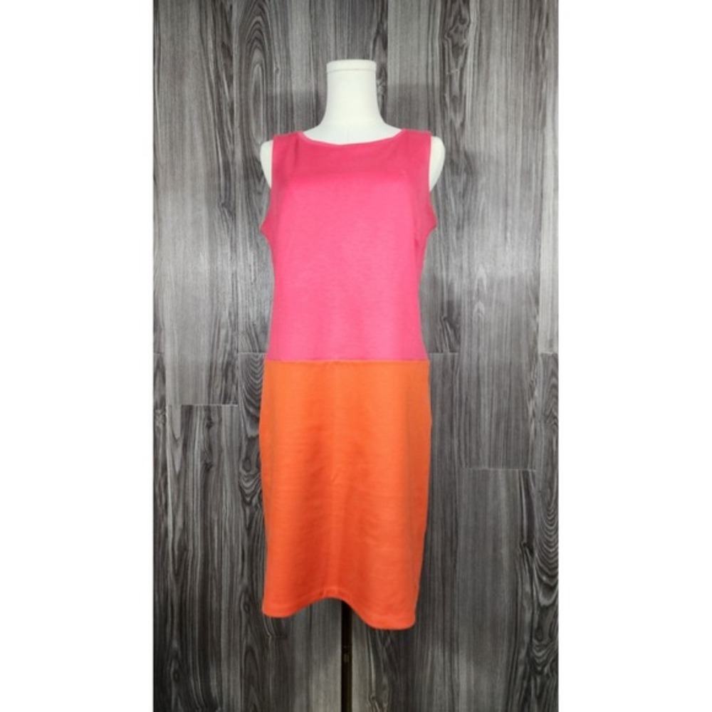 Hilfiger Pink Orange Color Block 70s Style Shift Dress Round Neck Womens Medium
